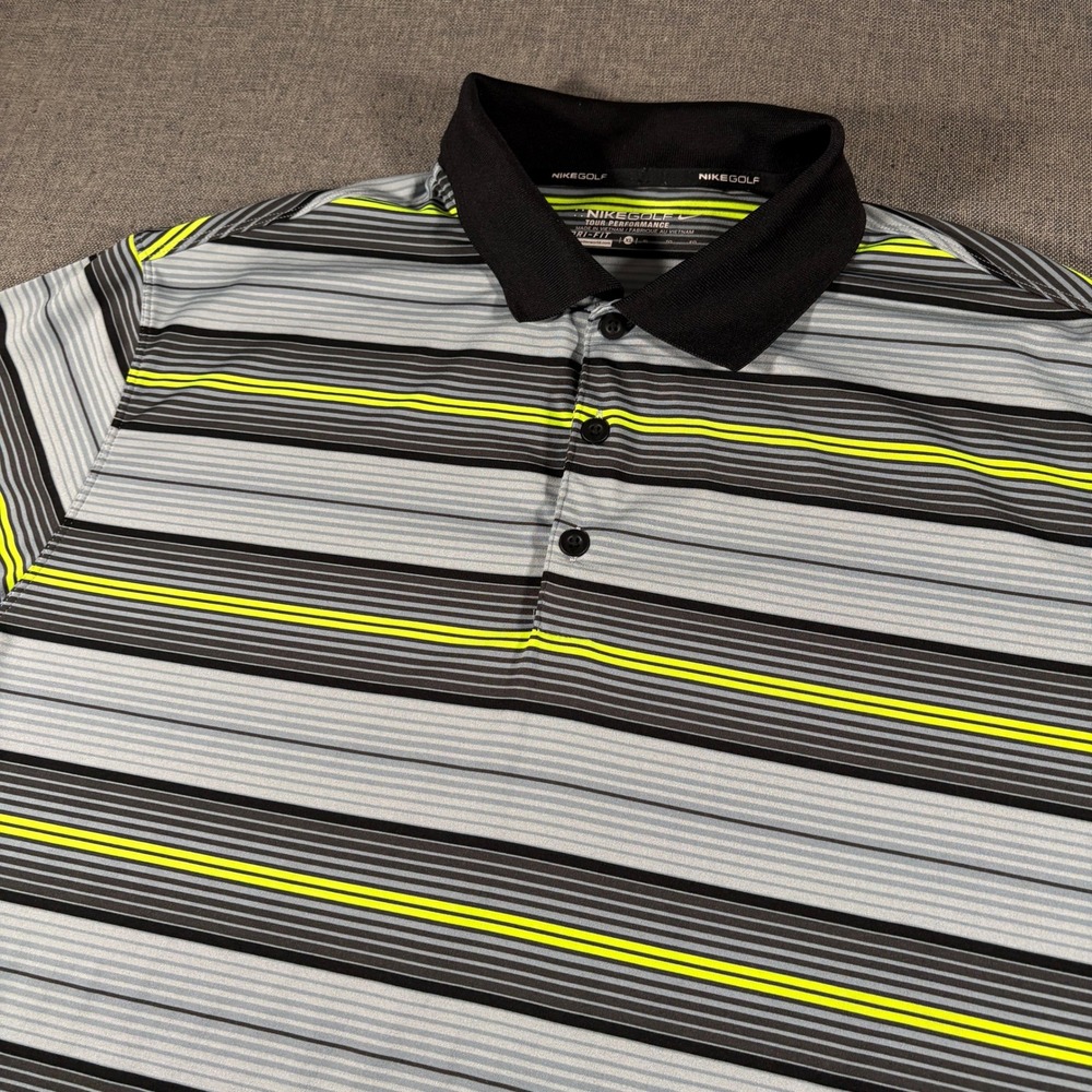 Nike Golf Polo Shirt Men XL Grey Neon Striped Dri-FIT Tour Performance Short Slv